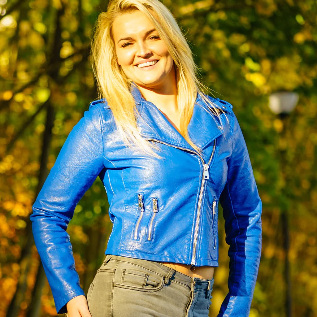 Veste motard courte en cuir bleu pour femme