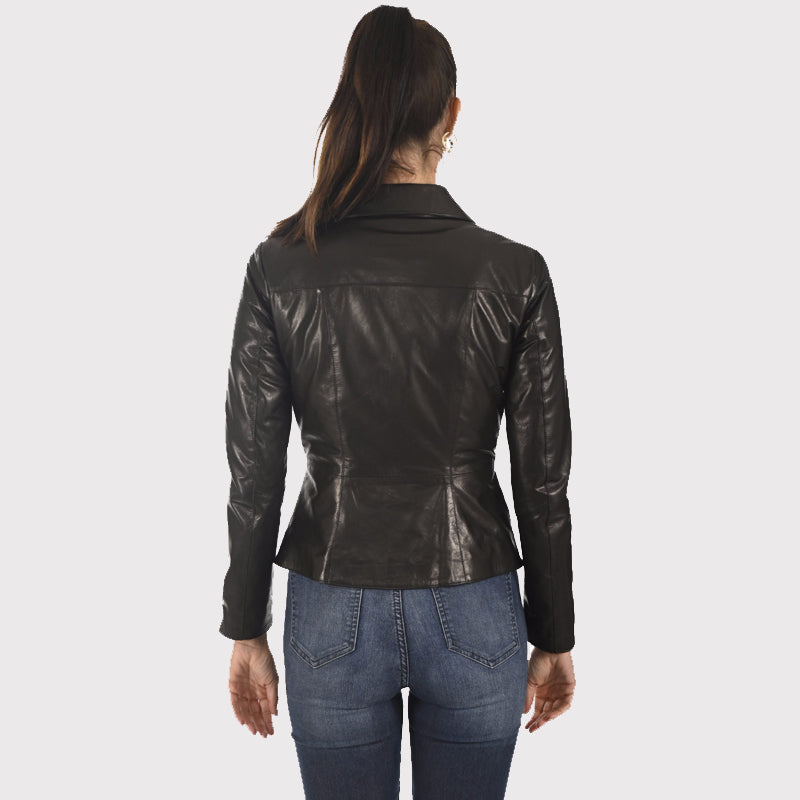 Veste en cuir d'agneau noir brillant pour femme