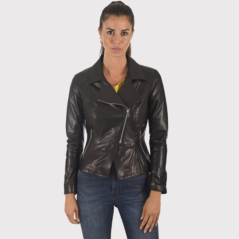 Veste en cuir d'agneau noir brillant pour femme