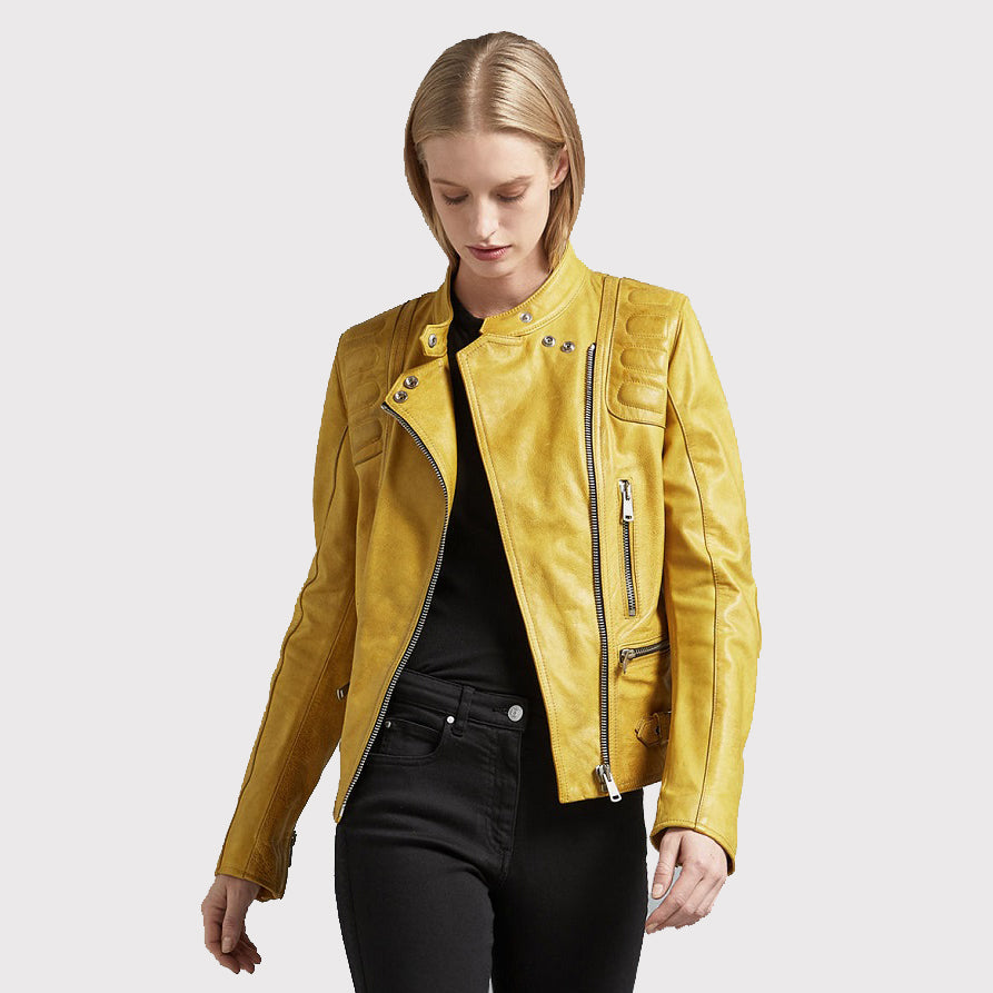 Veste en cuir jaune vif pour femme