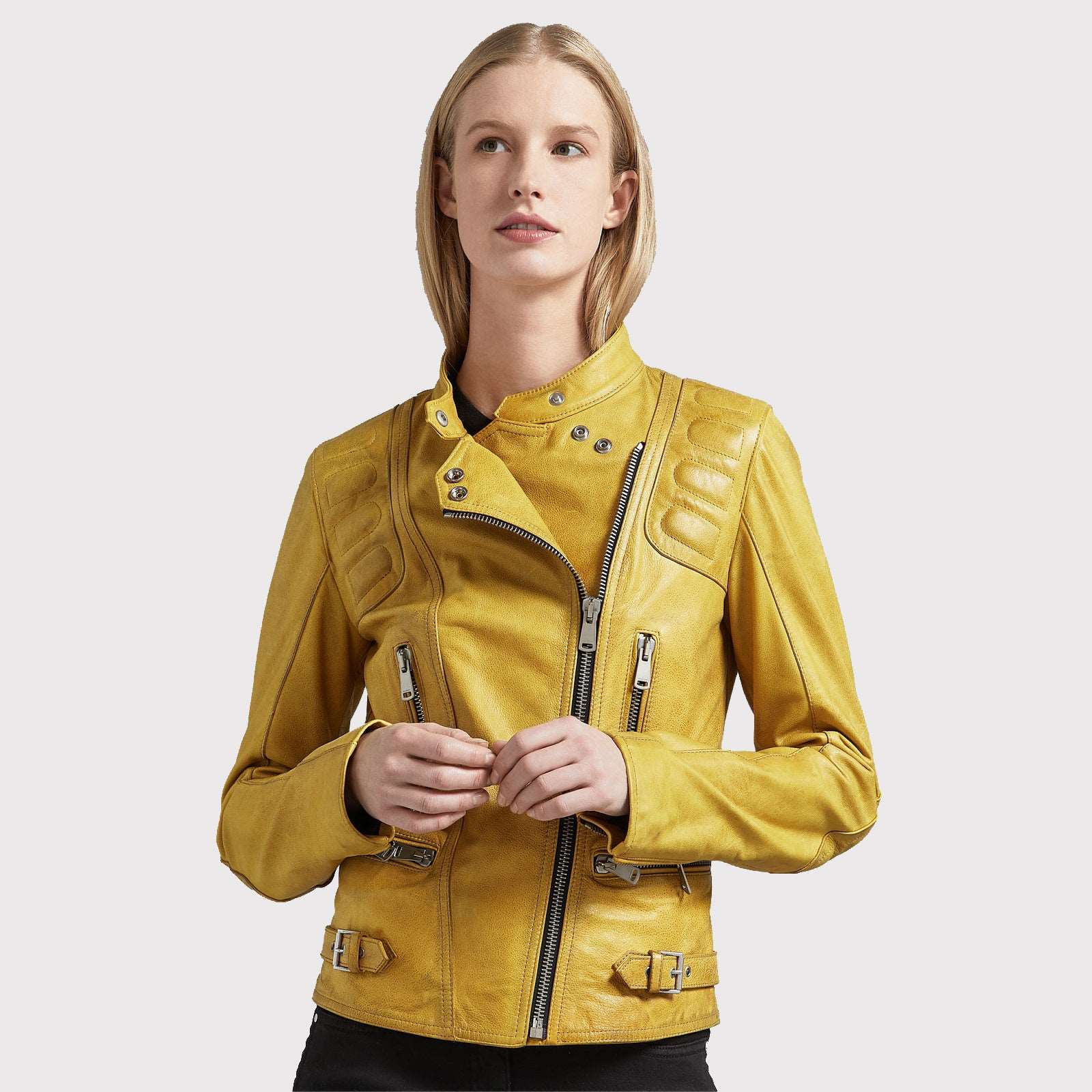 Veste en cuir jaune vif pour femme