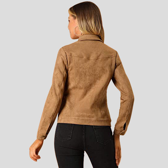 Veste en cuir suédé marron à boutons pour femme