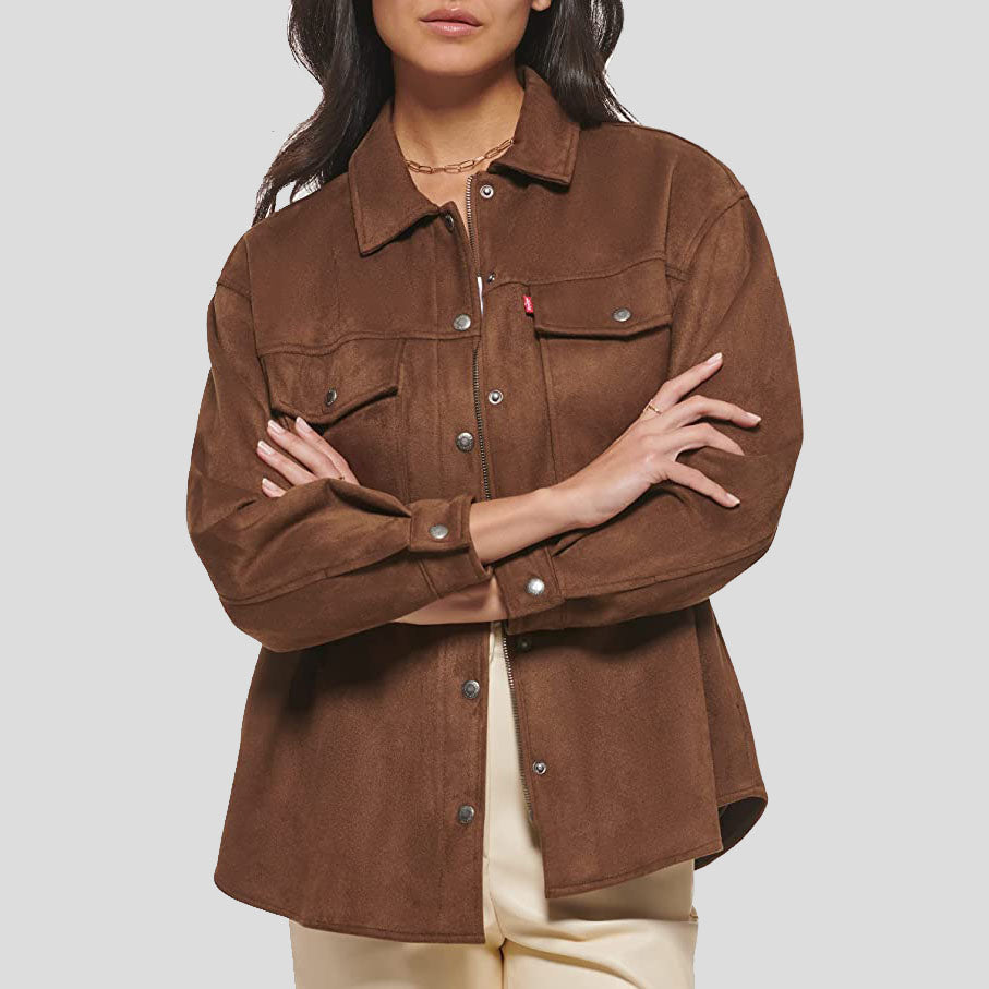 Veste chemise en cuir suédé souple marron pour femme Carafe