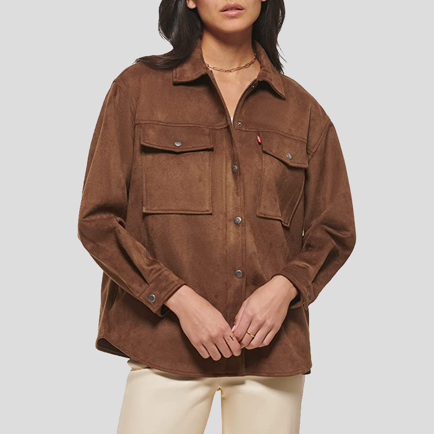 Veste chemise en cuir suédé souple marron pour femme Carafe