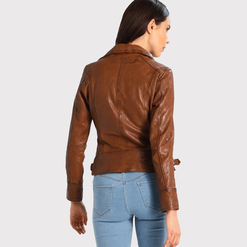 Veste motard en cuir marron pour femme