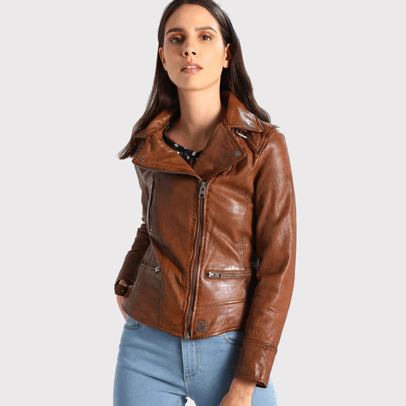 Veste motard en cuir marron pour femme