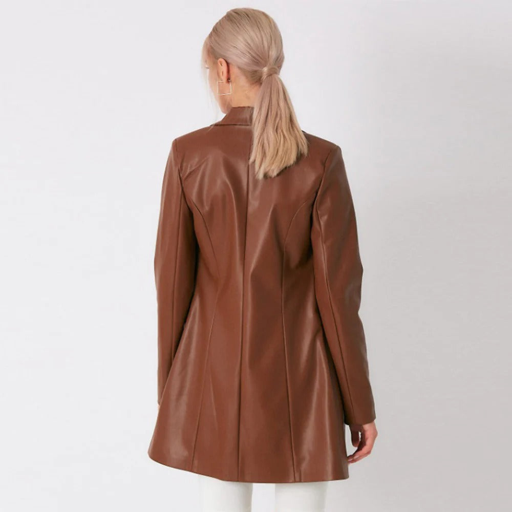 Manteau long en cuir d'agneau marron pour femme