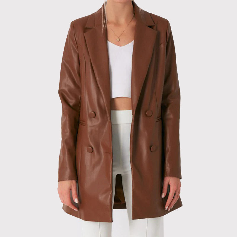 Manteau long en cuir d'agneau marron pour femme