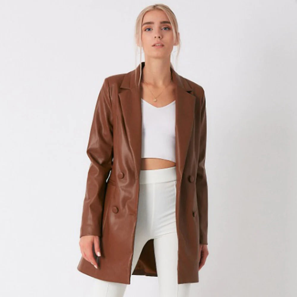 Manteau long en cuir d'agneau marron pour femme