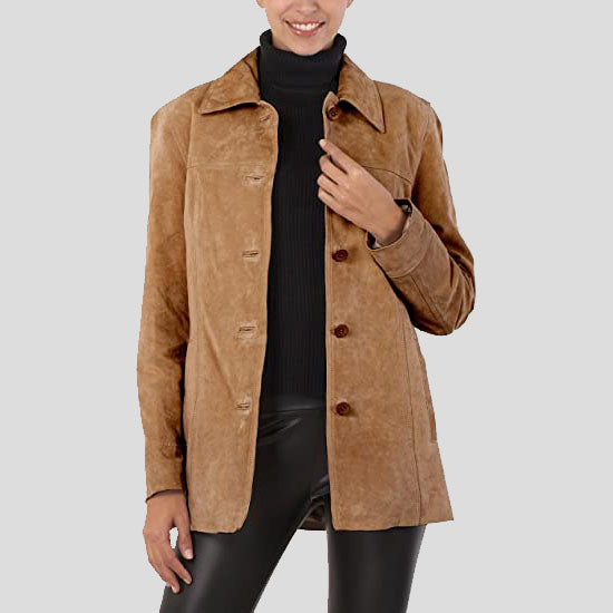 Manteau en cuir suédé marron pour femme