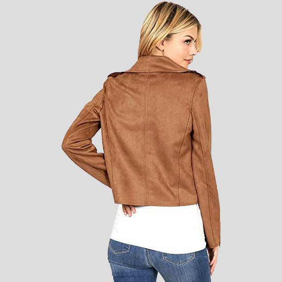 Women's Camel Casual Suede Leather Moto Jacket