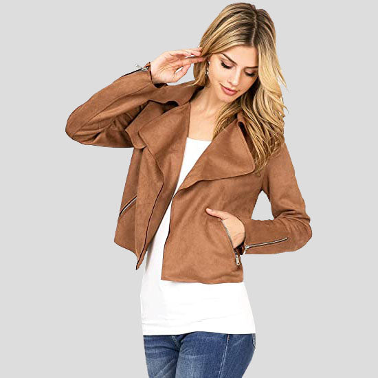 Women's Camel Casual Suede Leather Moto Jacket