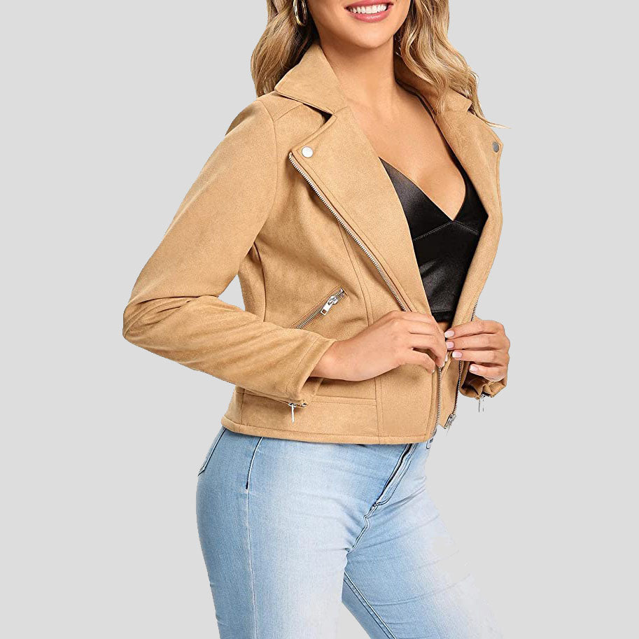 Veste de motard en cuir suédé camel pour femme