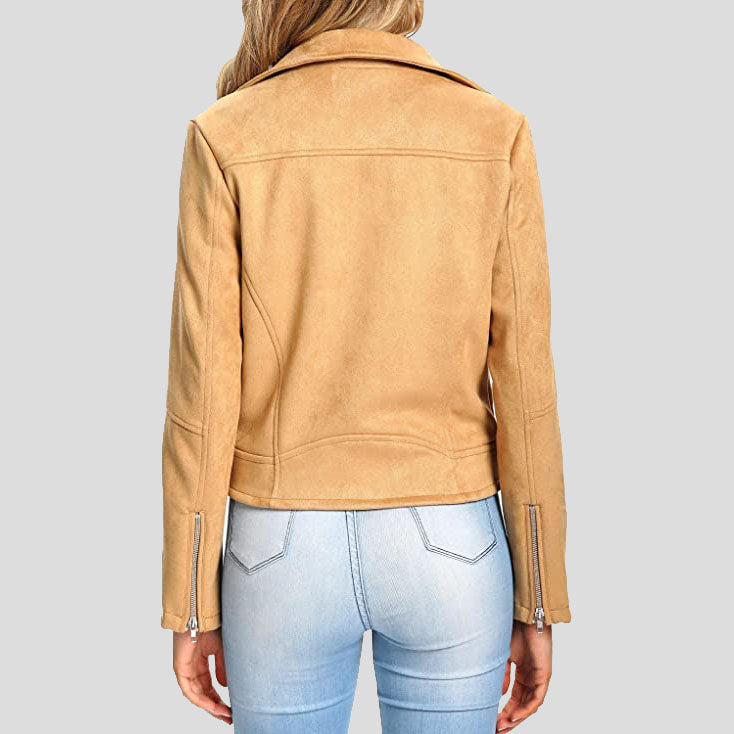 Veste de motard en cuir suédé camel pour femme