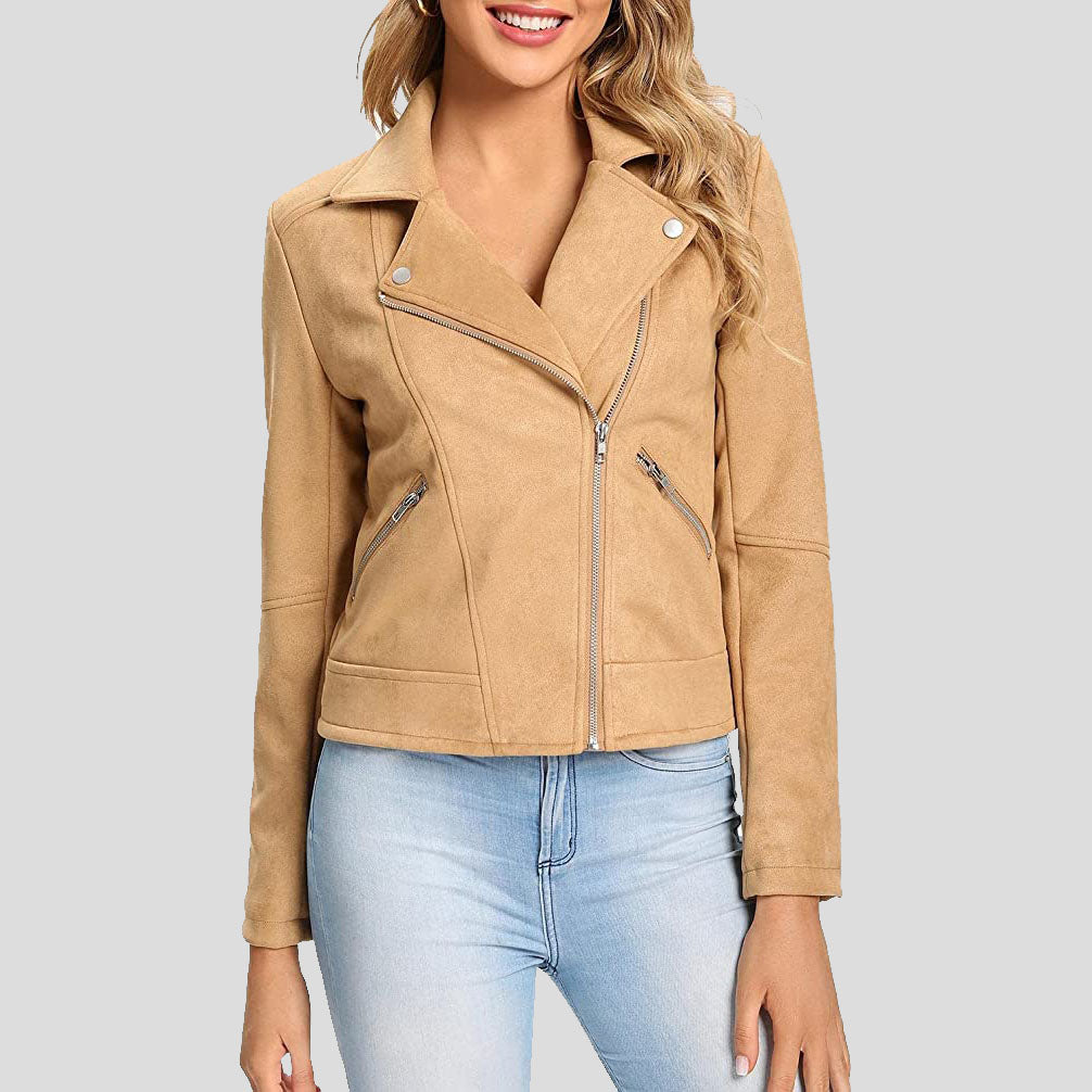 Veste de motard en cuir suédé camel pour femme