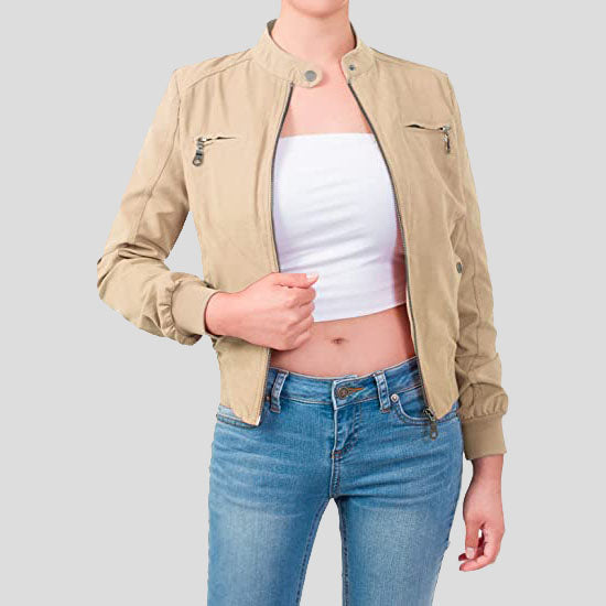 Veste courte zippée en daim à ourlet côtelé pour femme