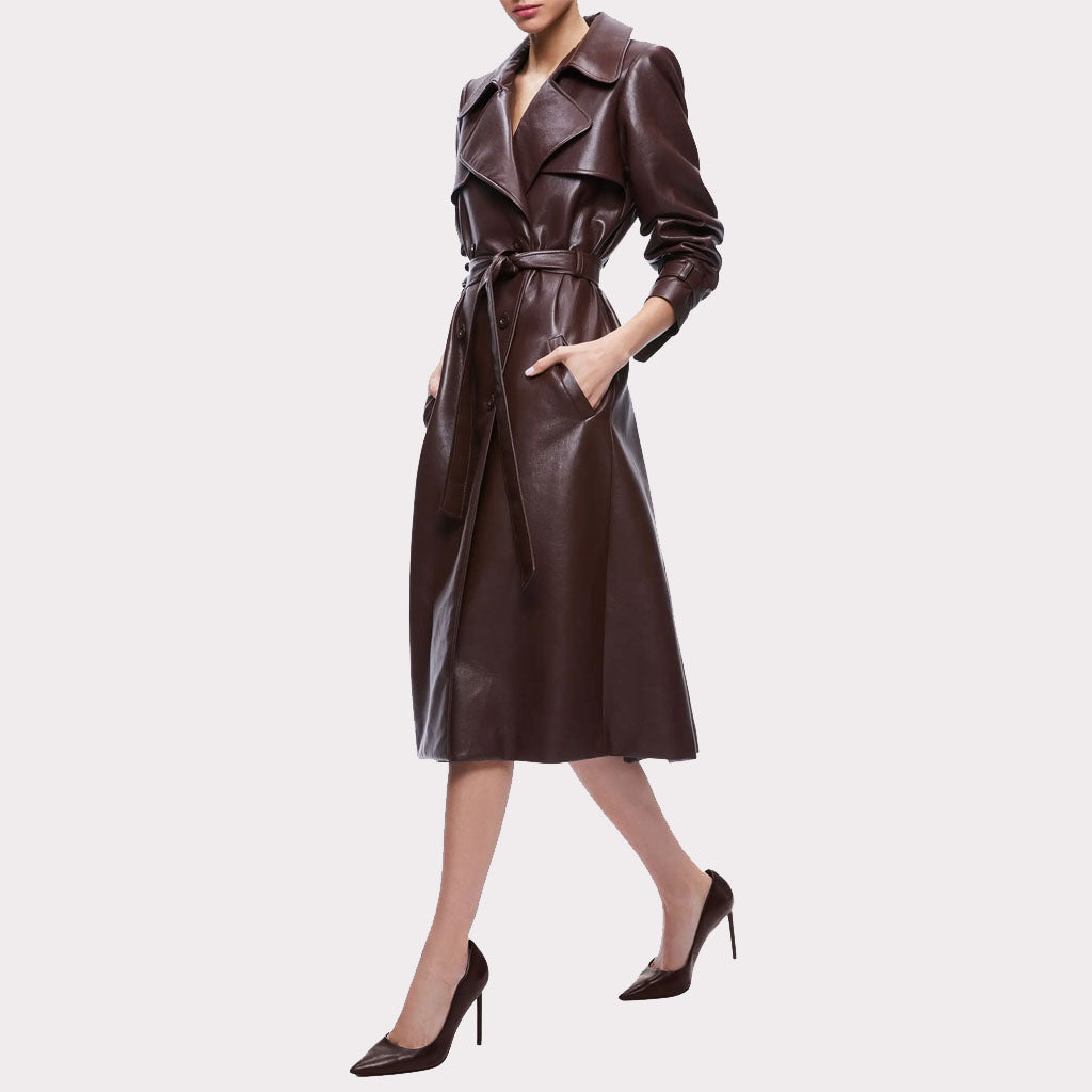 Trench-coat en cuir marron chocolat pour femme automne 2023