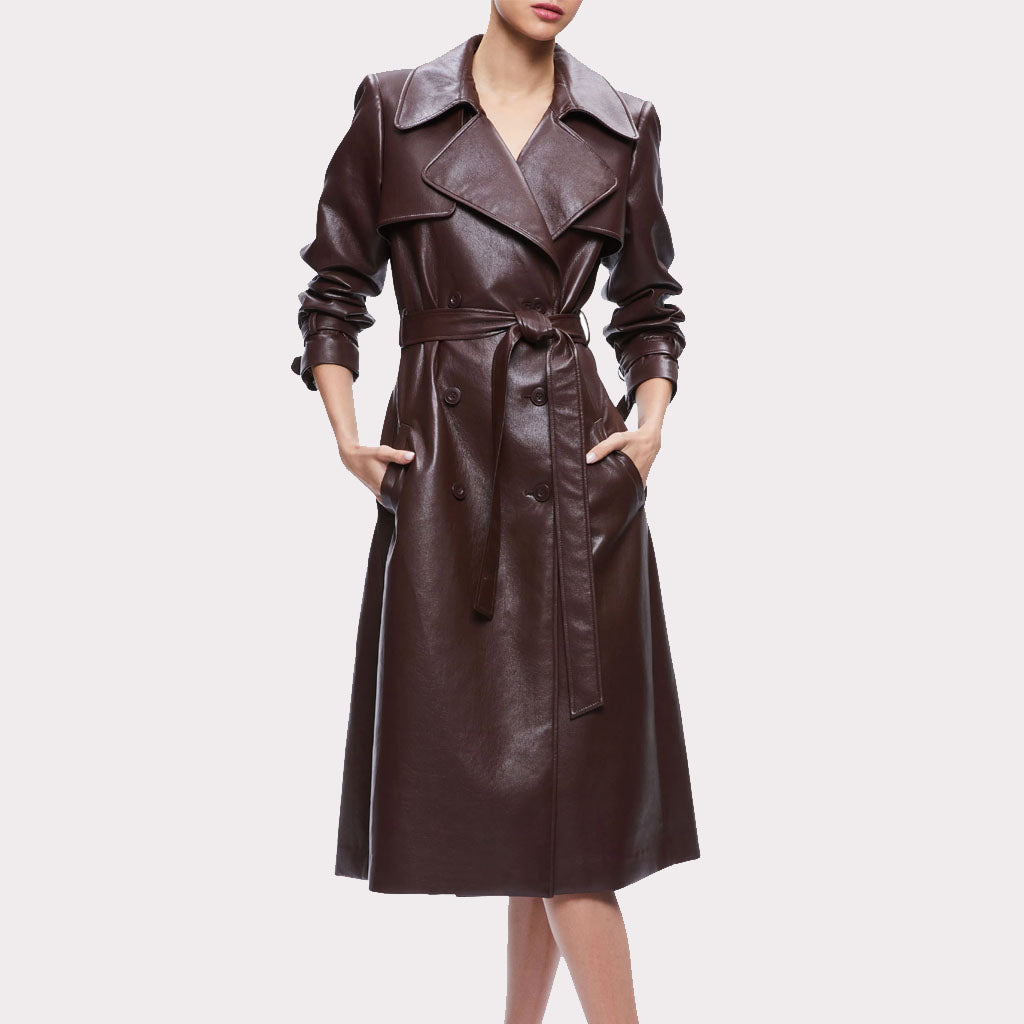 Trench-coat en cuir marron chocolat pour femme automne 2023