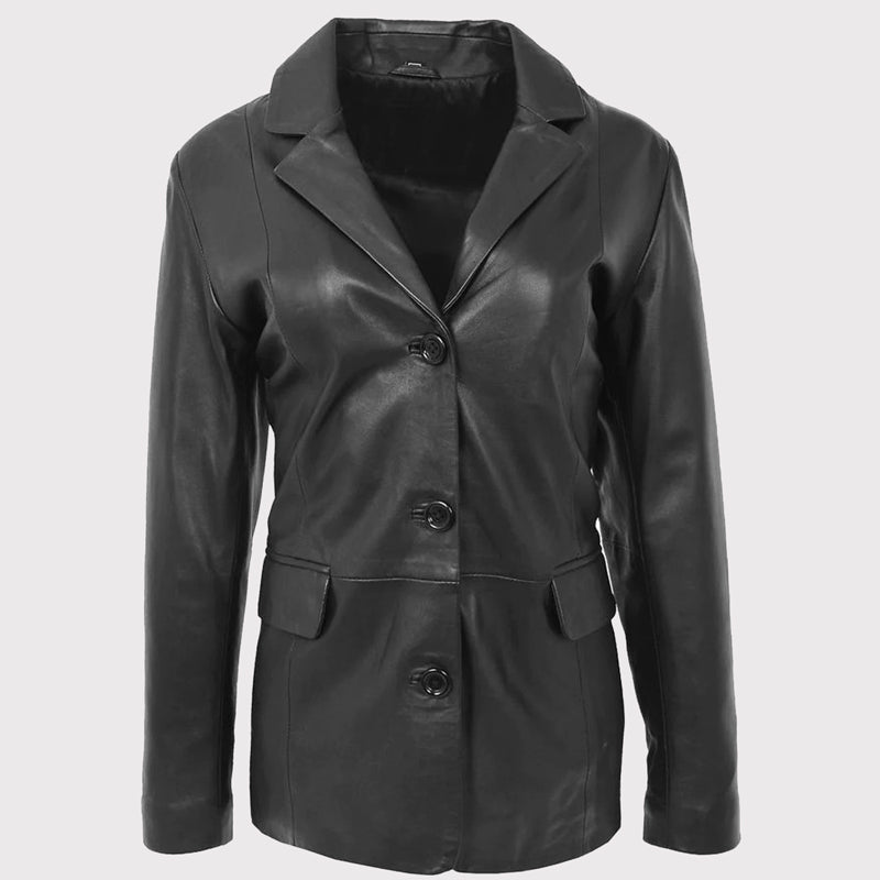 Blazer classique en cuir noir pour femme