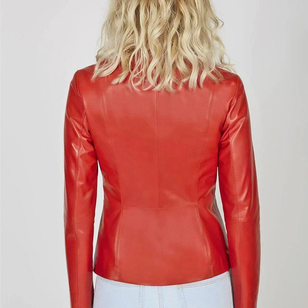 Veste blazer en cuir rouge sans col pour femme