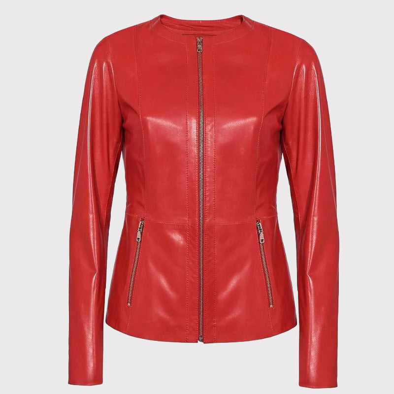 Veste blazer en cuir rouge sans col pour femme