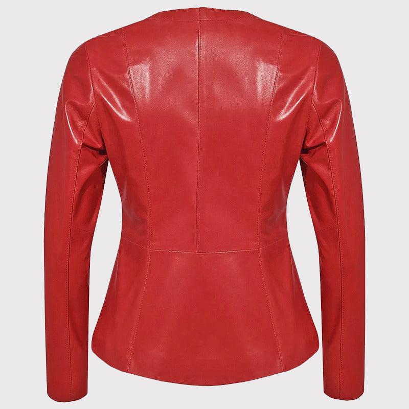 Veste blazer en cuir rouge sans col pour femme