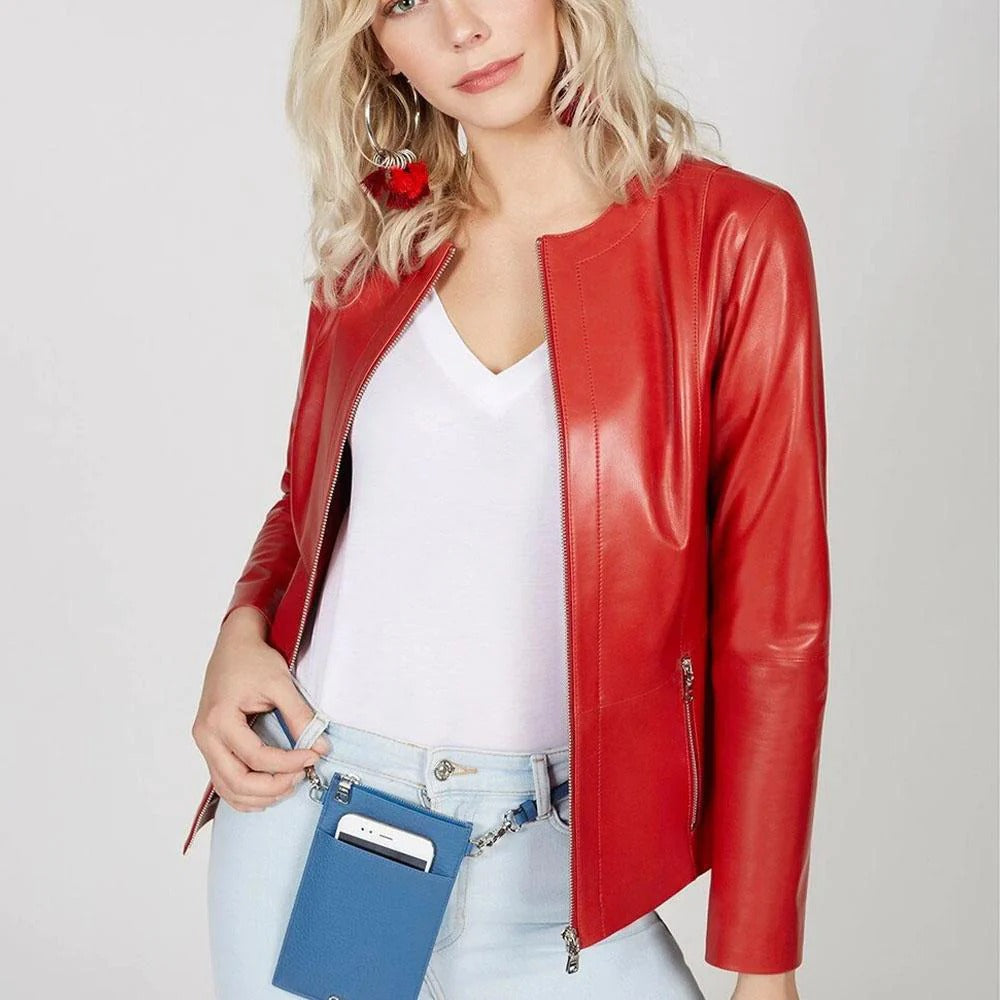 Veste blazer en cuir rouge sans col pour femme