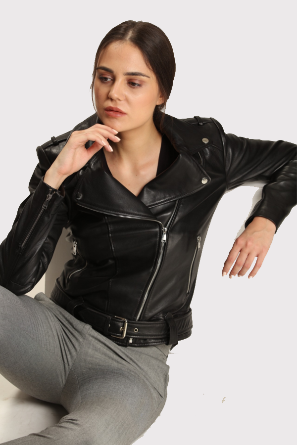 Veste de motard en cuir noir cool et classique pour femme