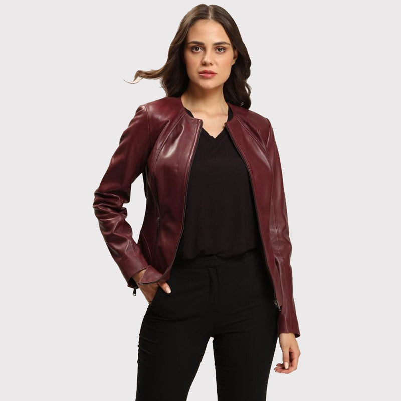 Veste en cuir marron foncé pour femme avec coupe blazer