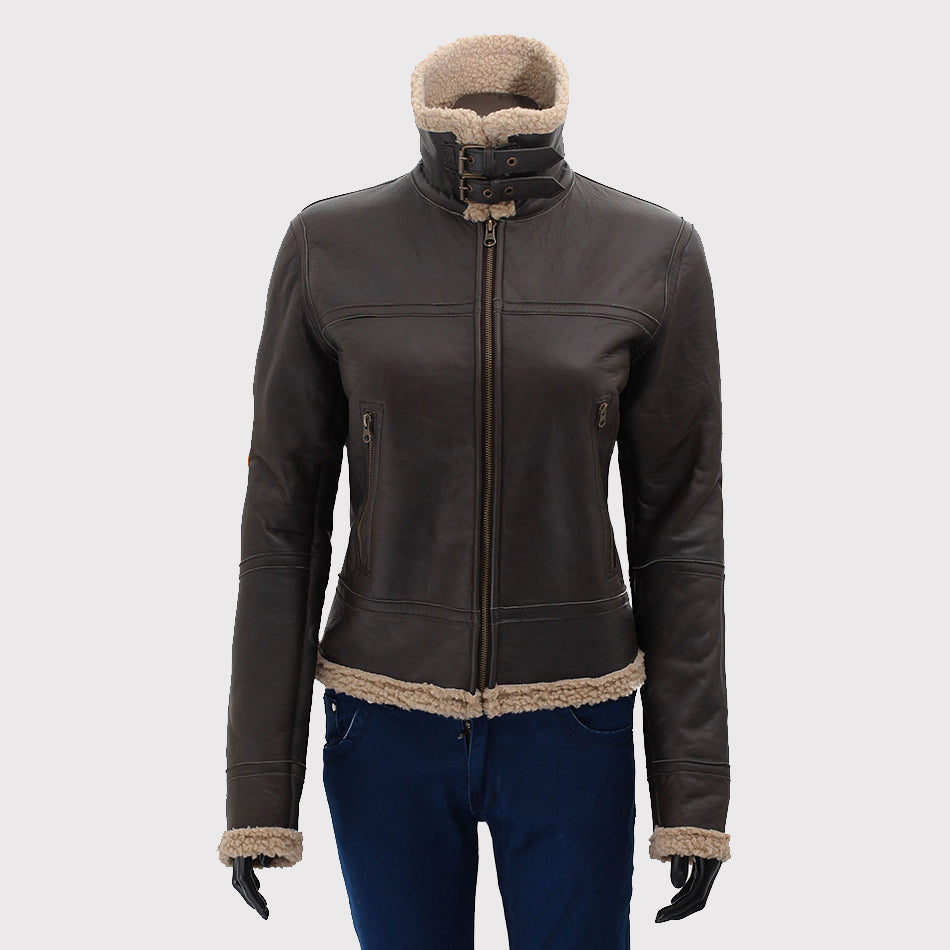 Blouson aviateur en cuir marron foncé avec fourrure en peau de mouton pour femme