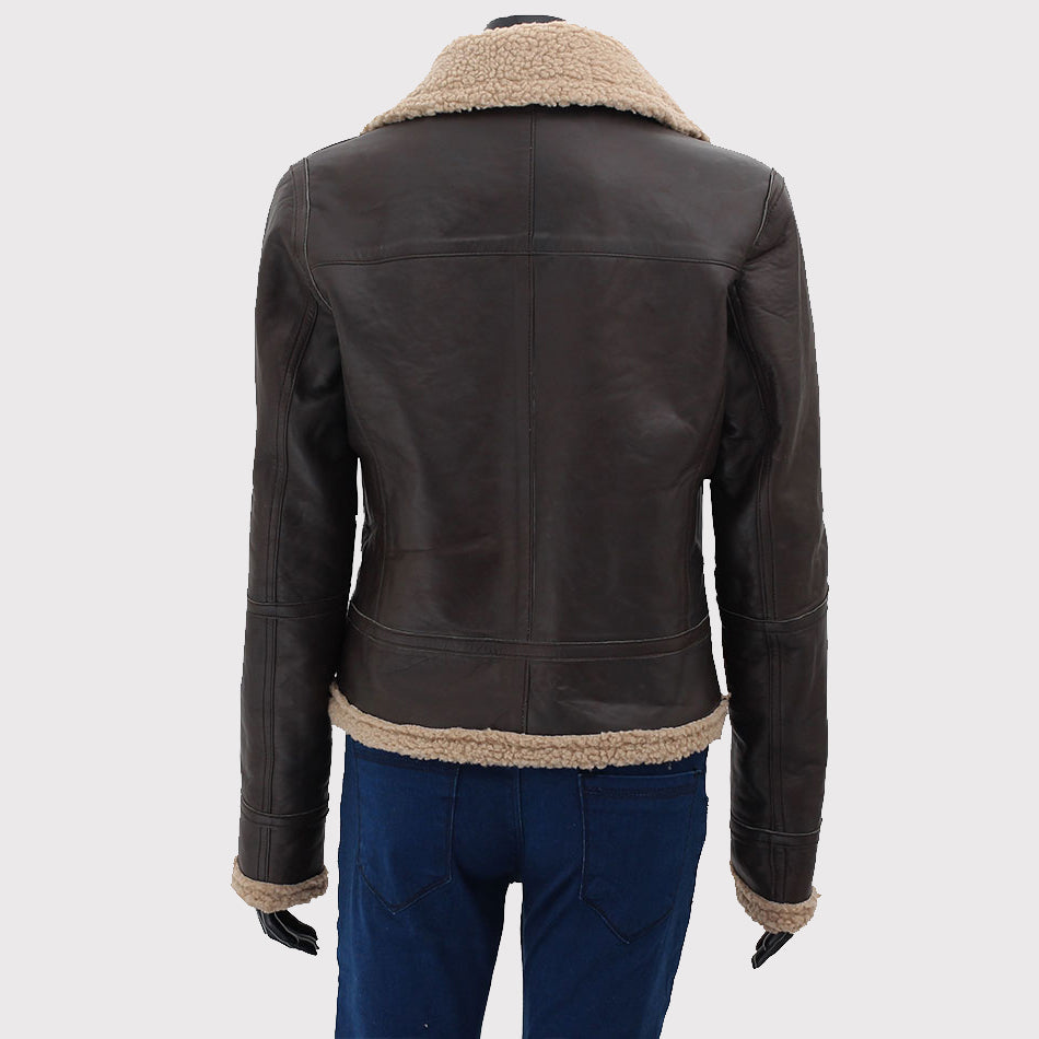 Blouson aviateur en cuir marron foncé avec fourrure en peau de mouton pour femme