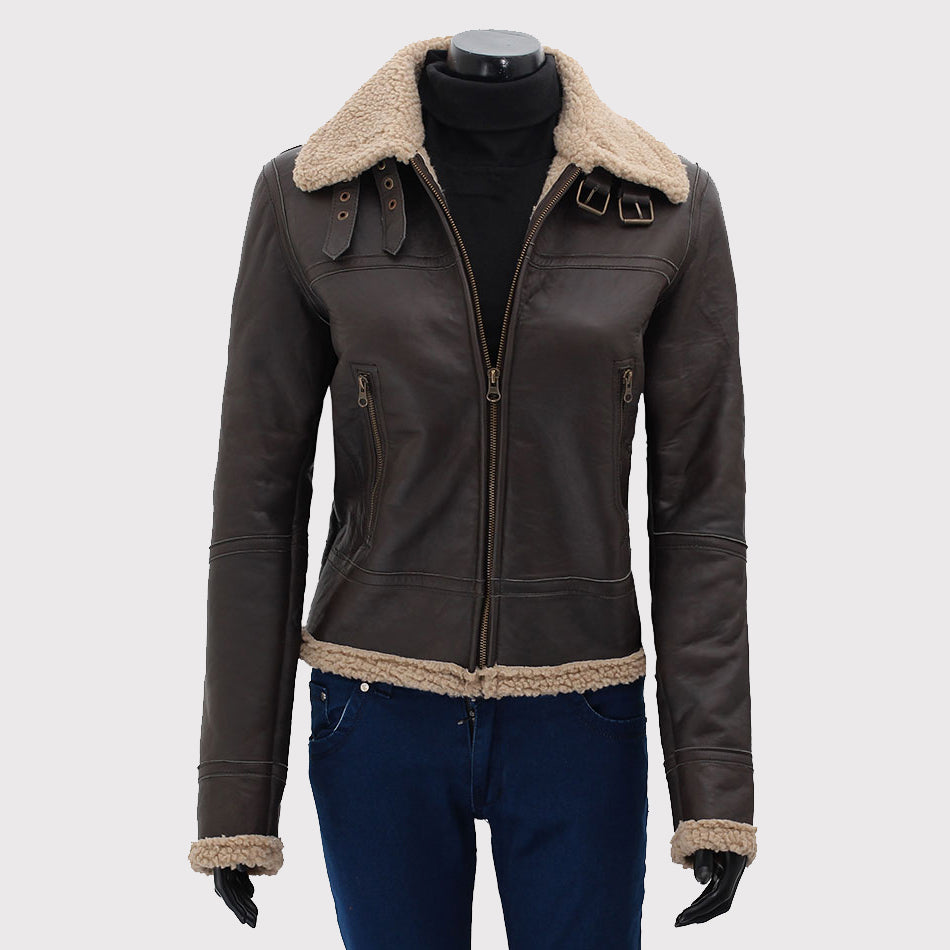 Blouson aviateur en cuir marron foncé avec fourrure en peau de mouton pour femme