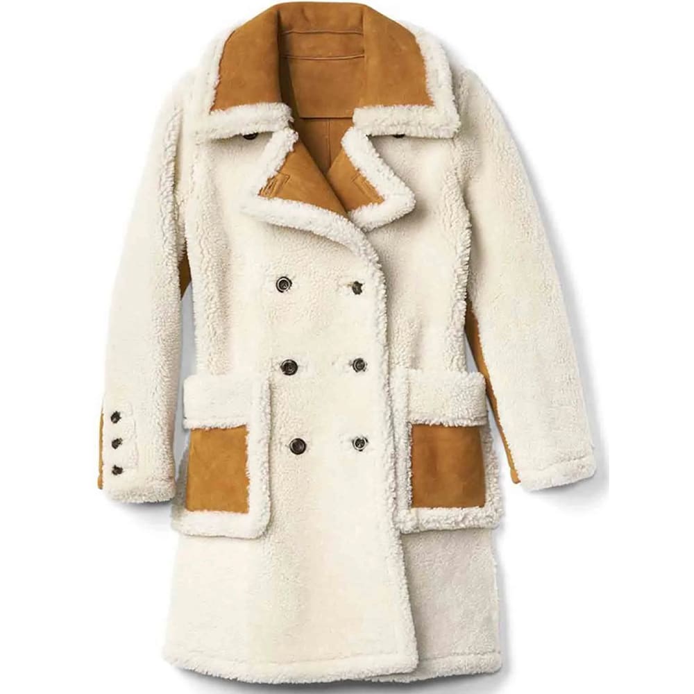 Manteau en peau de mouton blanc à double boutonnage pour femme