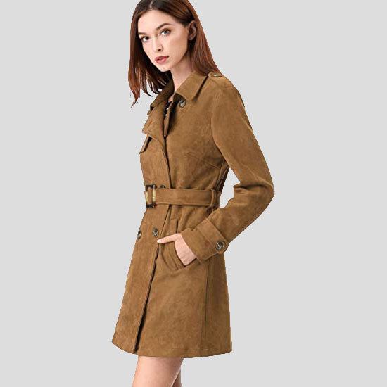 Trench-coat croisé en daim pour femme avec ceinture