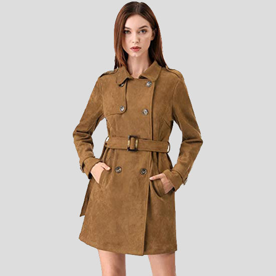 Trench-coat croisé en daim pour femme avec ceinture