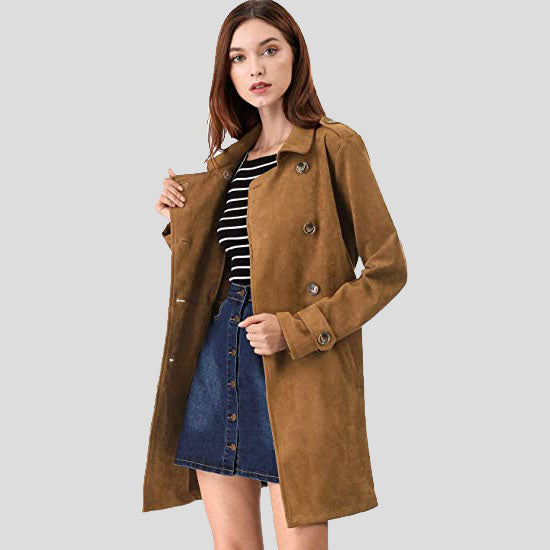 Trench-coat croisé en daim pour femme avec ceinture