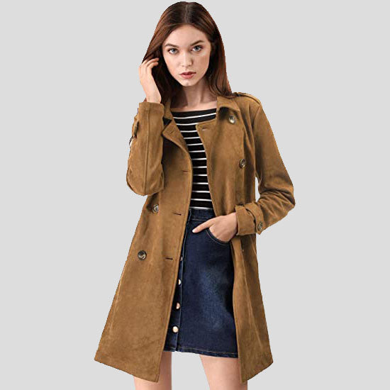 Trench-coat croisé en daim pour femme avec ceinture