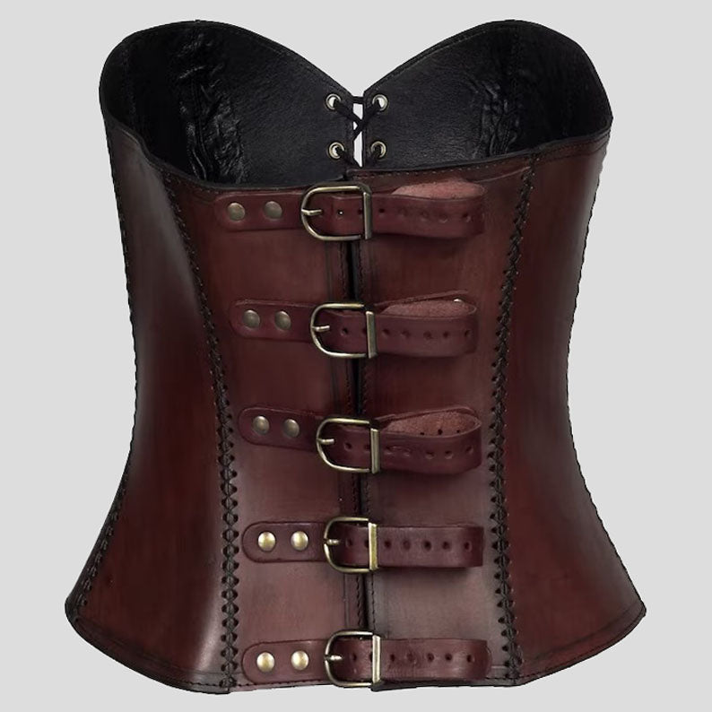 Corset en cuir véritable marron pour femme