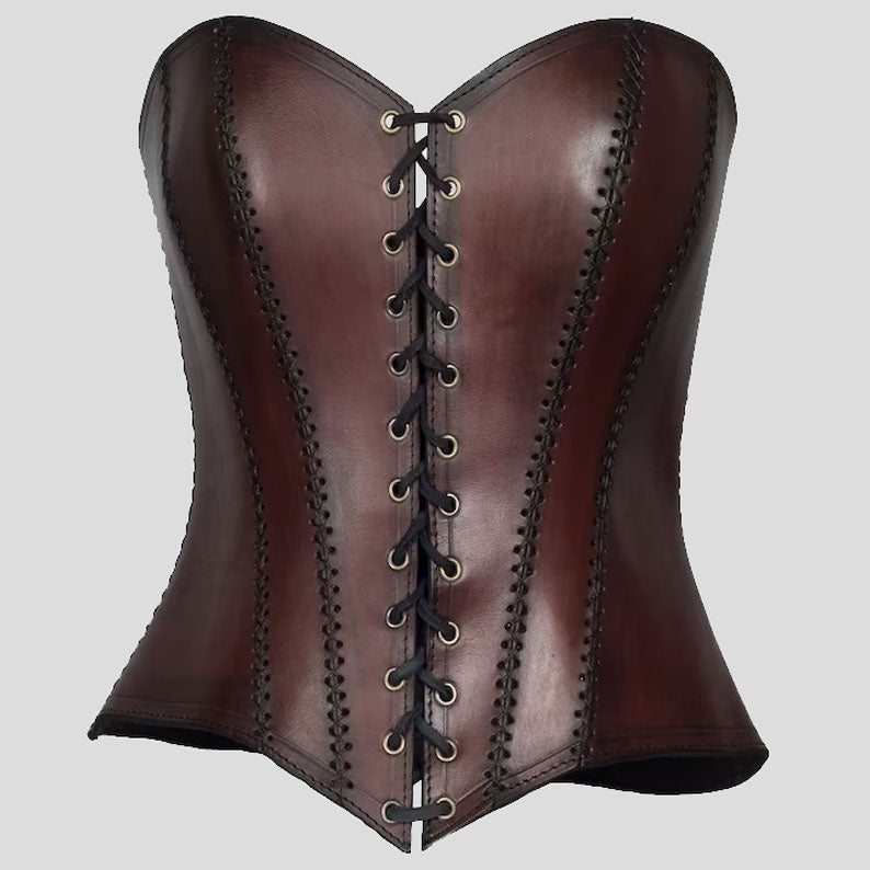 Corset en cuir véritable marron pour femme