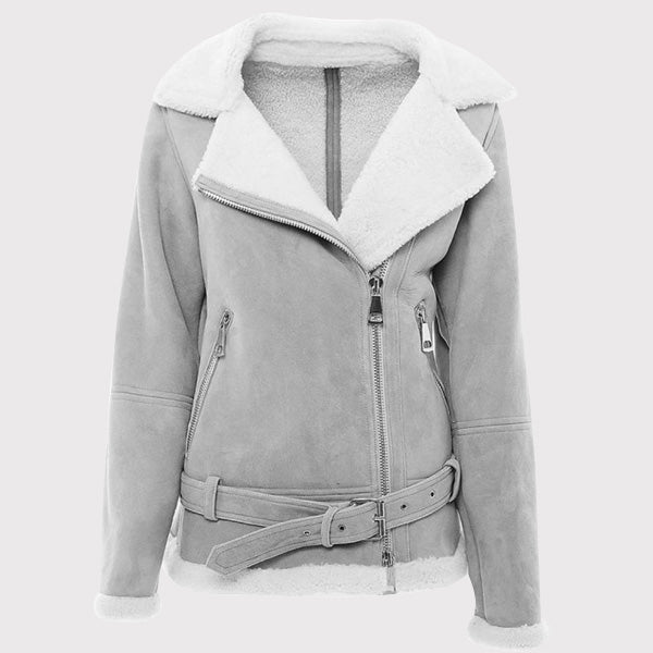 Elegant Women's Grey Suede Shearling Jacket