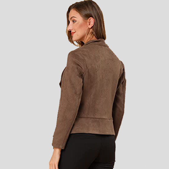 Veste à revers ouverte en daim marron clair pour femme