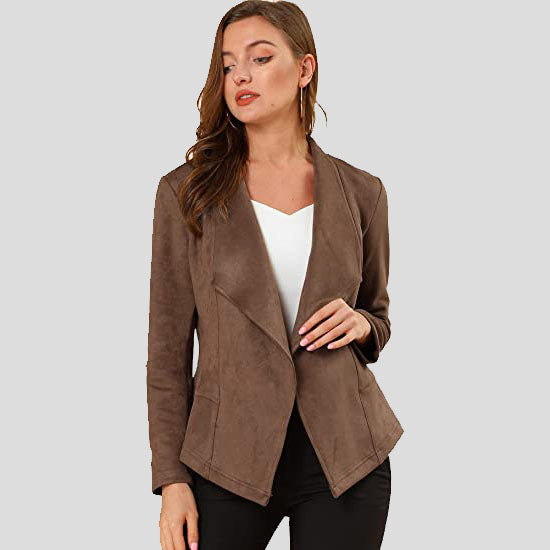 Veste à revers ouverte en daim marron clair pour femme