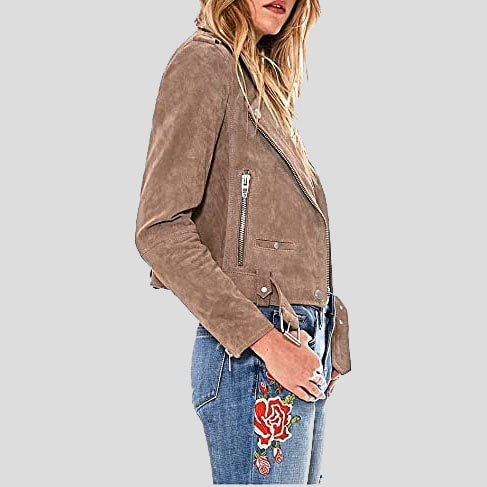 Veste de moto courte en cuir suédé de luxe pour femme