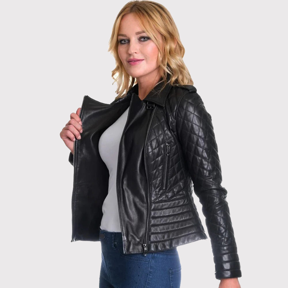 Veste de motard en cuir noir pour femme