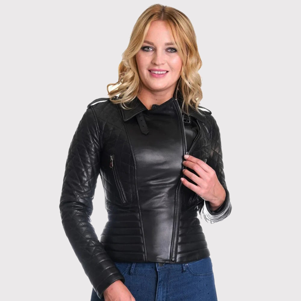 Veste de motard en cuir noir pour femme