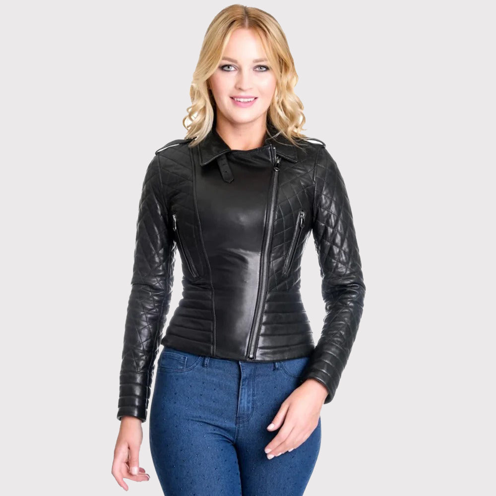 Veste de motard en cuir noir pour femme