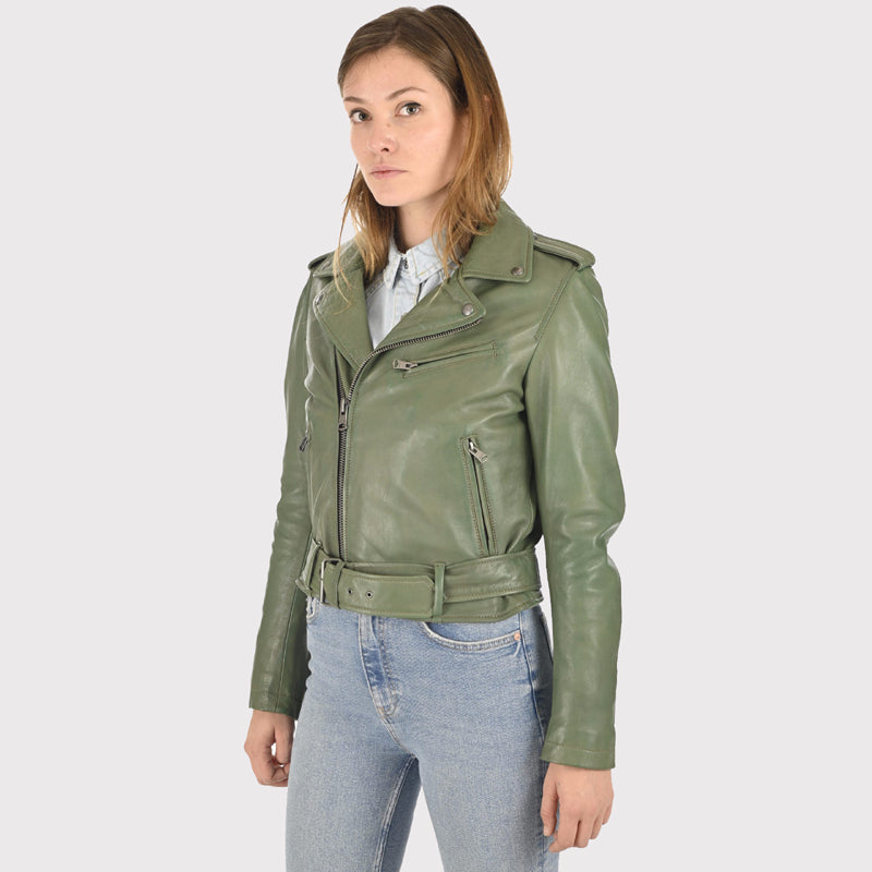 Veste en cuir d'agneau de qualité supérieure vert olive pour femme