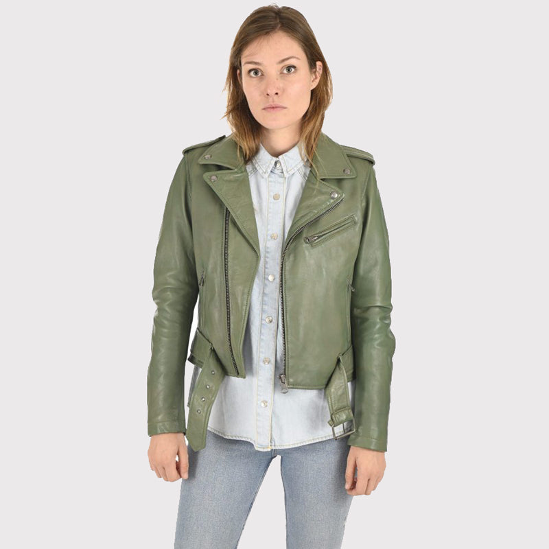 Veste en cuir d'agneau de qualité supérieure vert olive pour femme