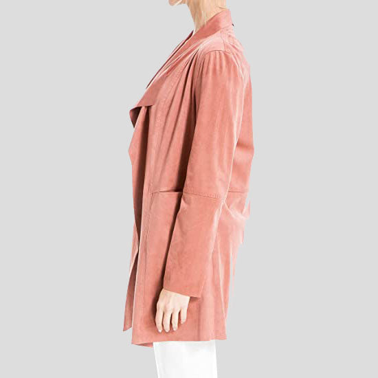 Veste longue en cuir suédé rose pour femme