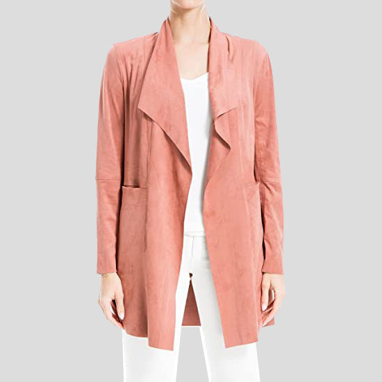 Veste longue en cuir suédé rose pour femme